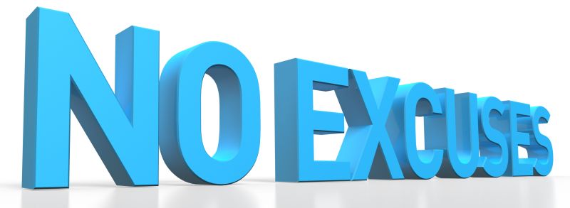 3d rendering of No Excuses blue glossy text on white background