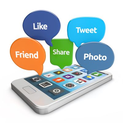 smartphone with social media bubbles (like, tweet, friend, share