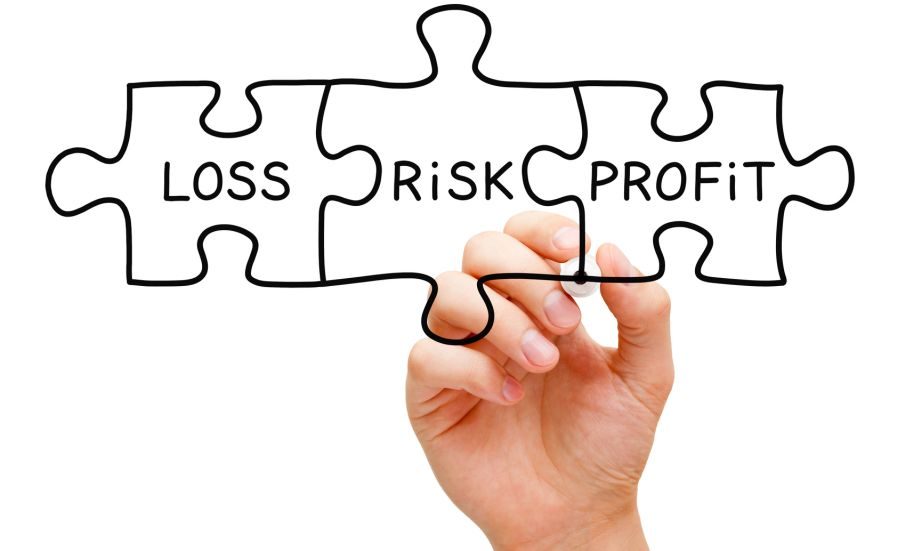 Hand drawing Risk Loss Profit puzzle concept with black marker on transparent wipe board isolated on white.