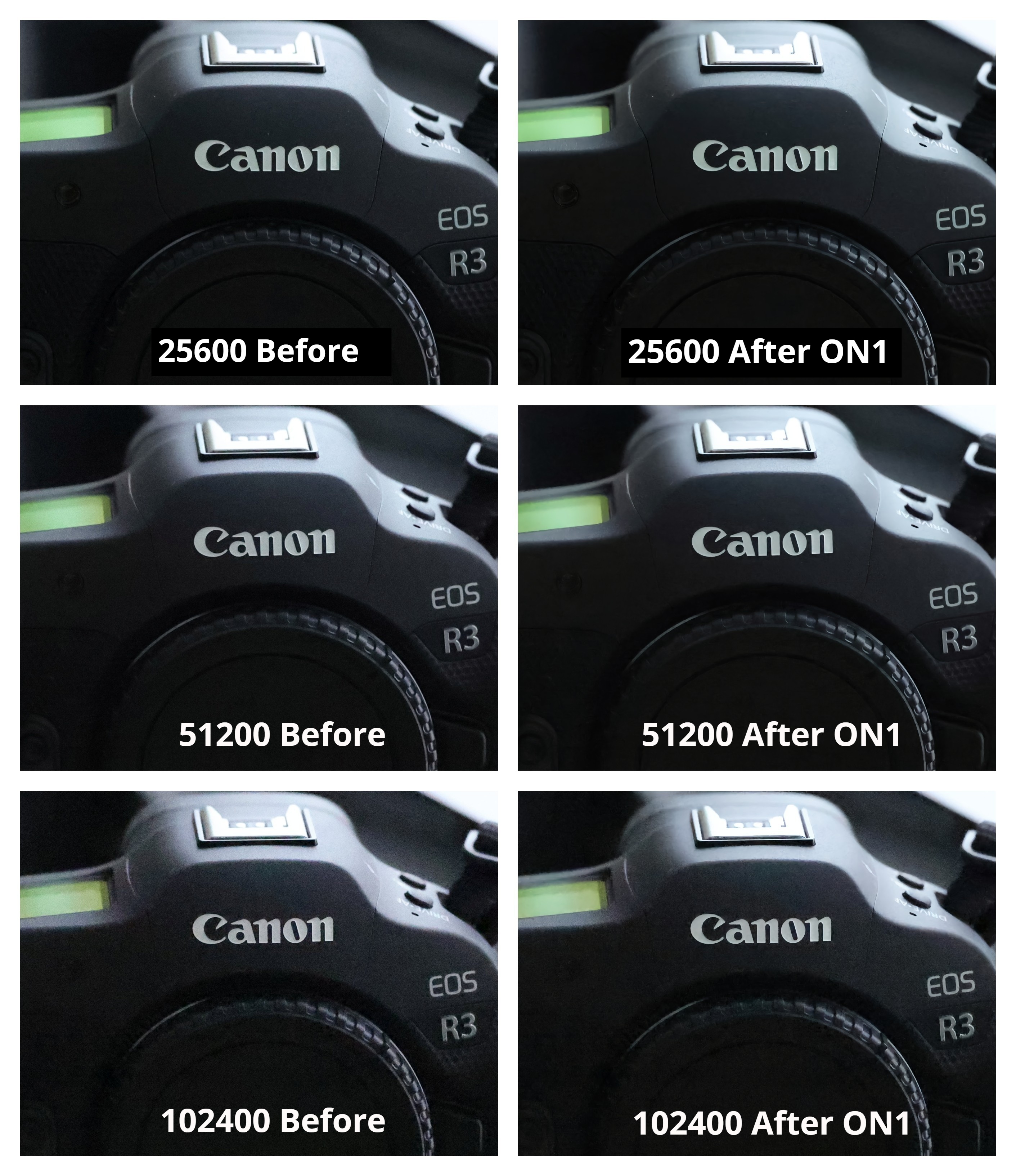 Canon R3 High ISO Test 25600 to 102400 Before and After ON1 No Noise